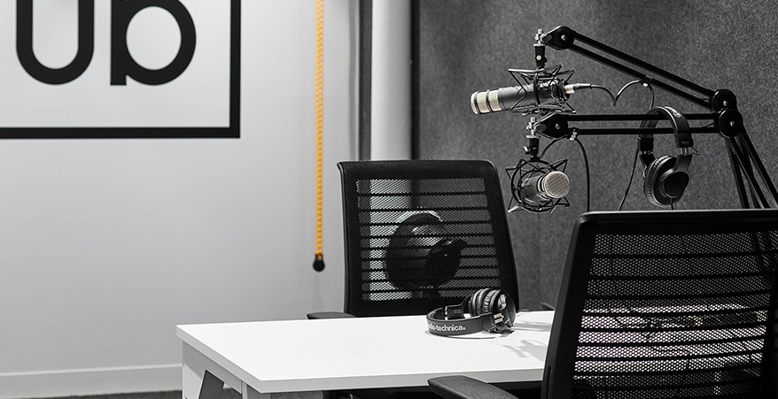 Podcast equipment in media studio